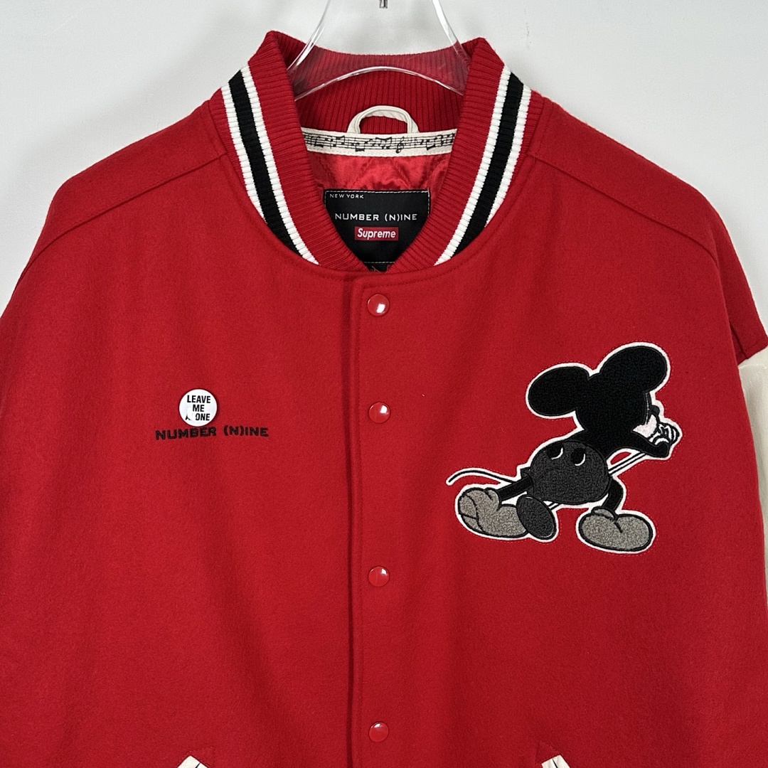 Supreme 568 NUMBER INE Cream Classic Collab MICKEY VARSITY JACKET / Red Black S (N) - Image 12