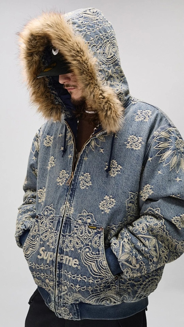 Supreme 658 SS25 BANDANA JACQUARD DENIM HOODED WORK JACKET Floral Fruit Cotton Water Blue S - Image 14