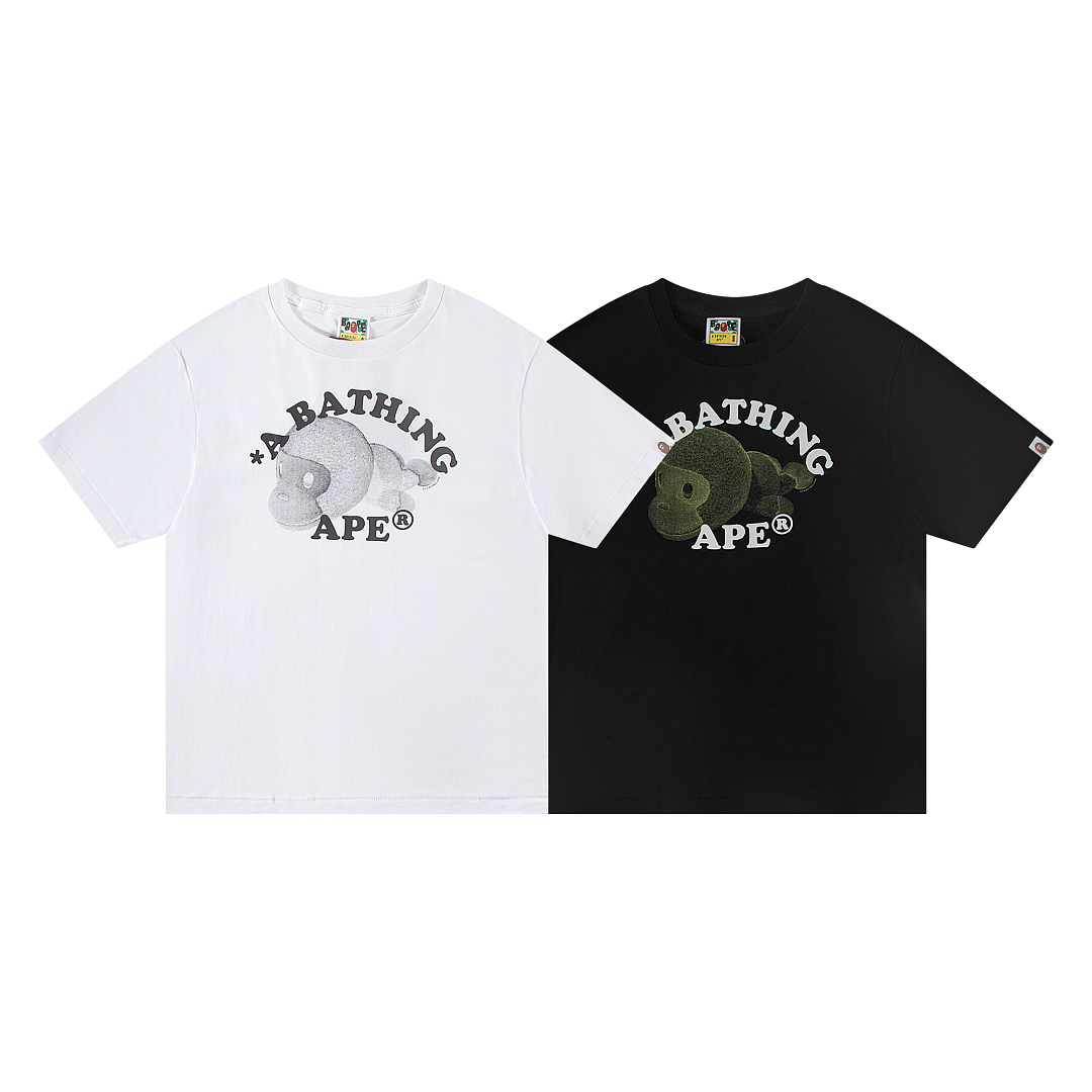 Bape 148 TOP Print Collar Short Sleeve T Black White S-XL