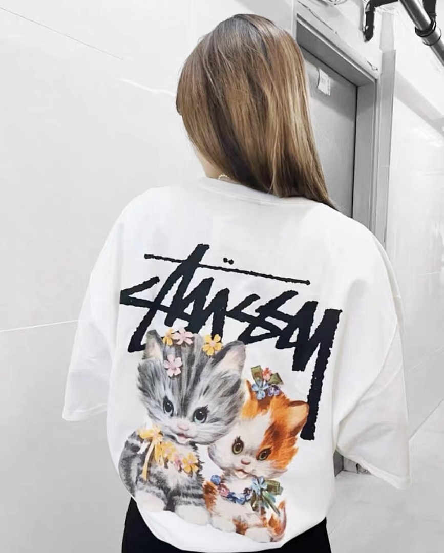 Stussy 108 STU KITTENS TEE 3D Logo Khaki Print Short Sleeve T : White Black S M L XL Y1319# - Image 6