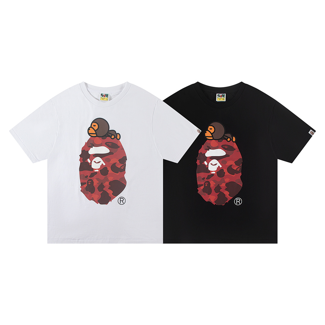 Bape 148 TOP Print Collar Short Sleeve T Black White S-XL