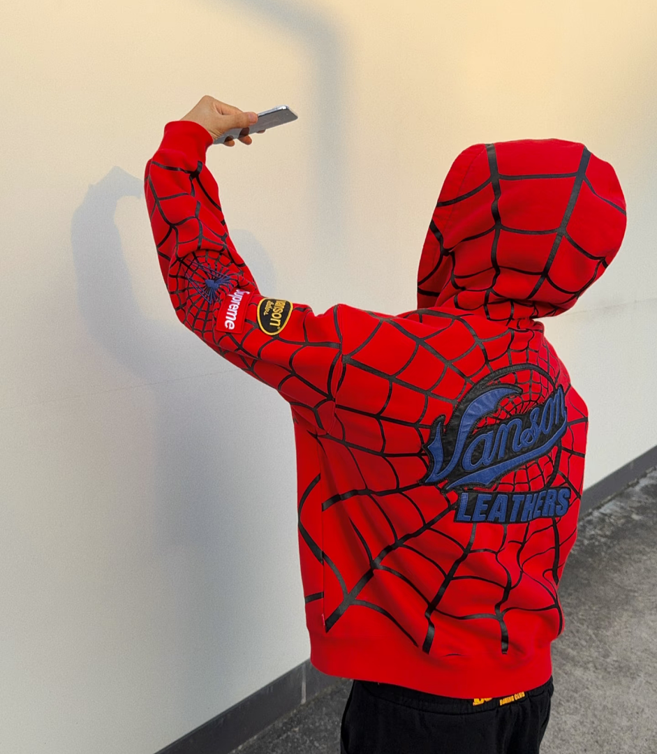 Sp5der 438 VANSON SPIDER-MAN Collab SS26 ZIP UP HOODED Thin Velvet Black Red S-XL - Image 40