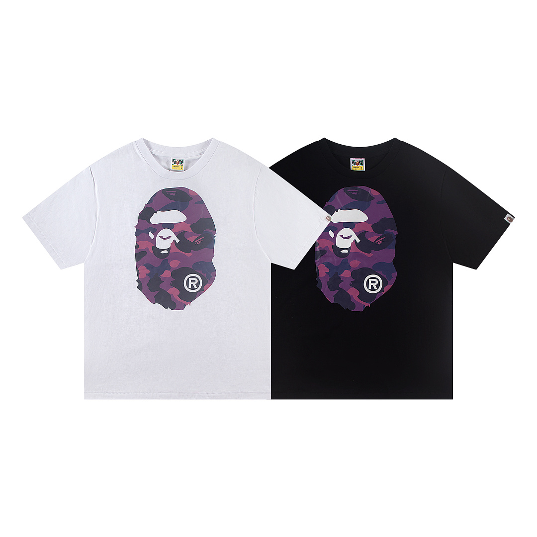 Bape 148 TOP Print Collar Short Sleeve T Black White S-XL
