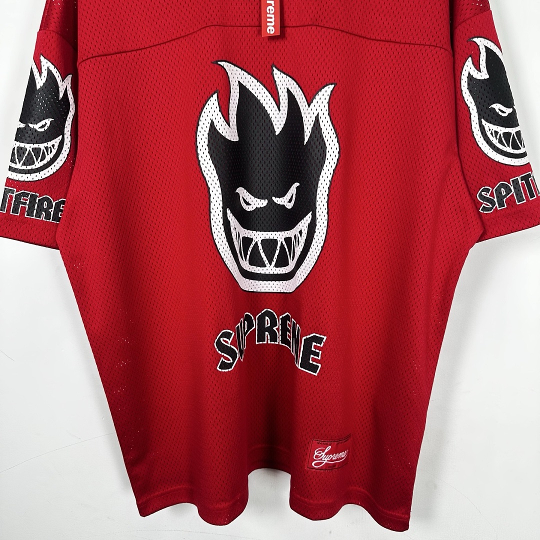 Supreme 218 SPITFIRE FOOTBALL JERSEY Fire Flame V Collar Short Sleeve Olive Black Red S - Image 16