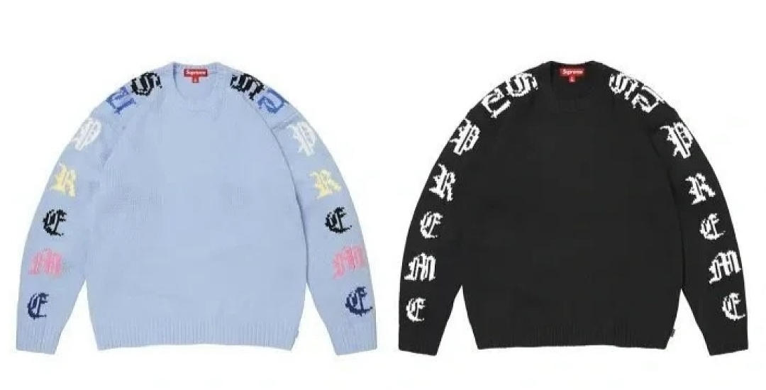 Supreme 338 SS26 OLD ENGLISH SLEEVES SWEATER Fleece Collar Black Sky Blue S - Image 4