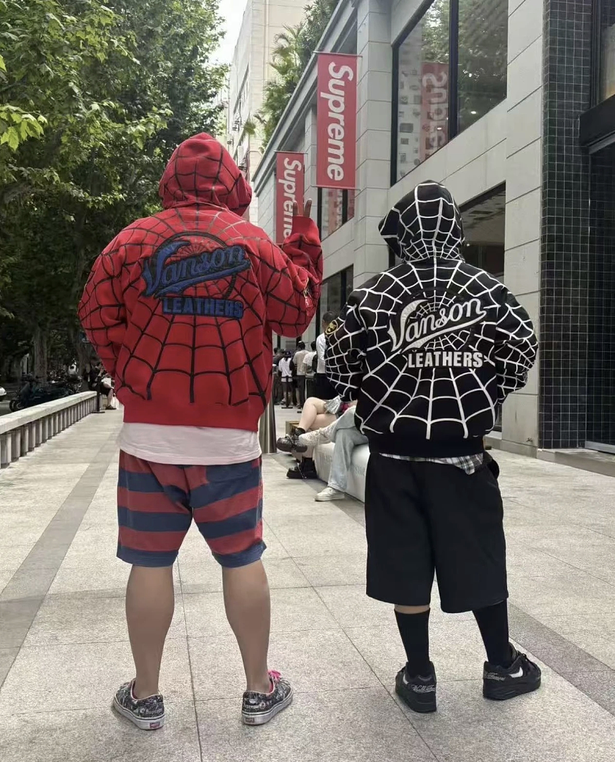 Sp5der 438 VANSON SPIDER-MAN Collab SS26 ZIP UP HOODED Thin Velvet Black Red S-XL - Image 46