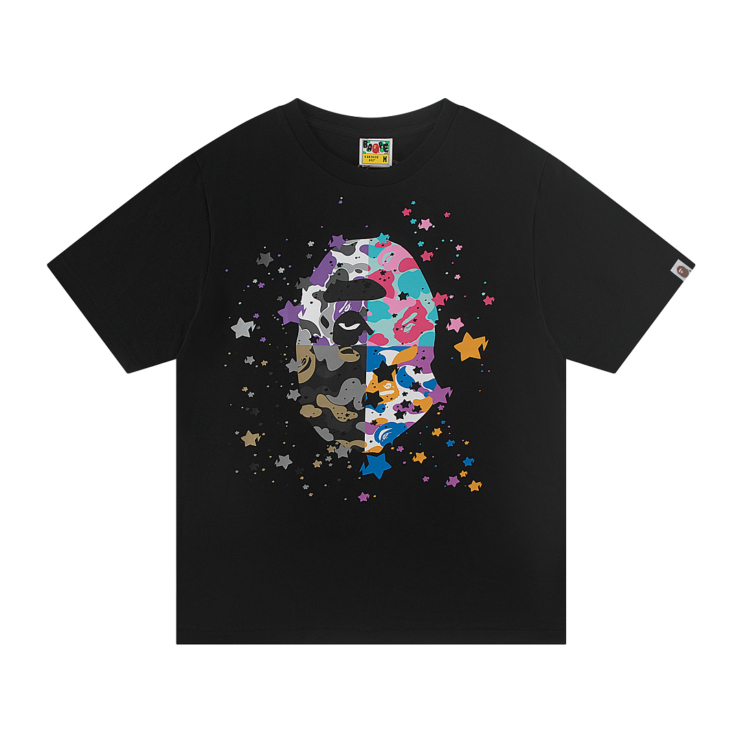 Bape 148 TOP Print Collar Short Sleeve T Black White S-XL - Image 3