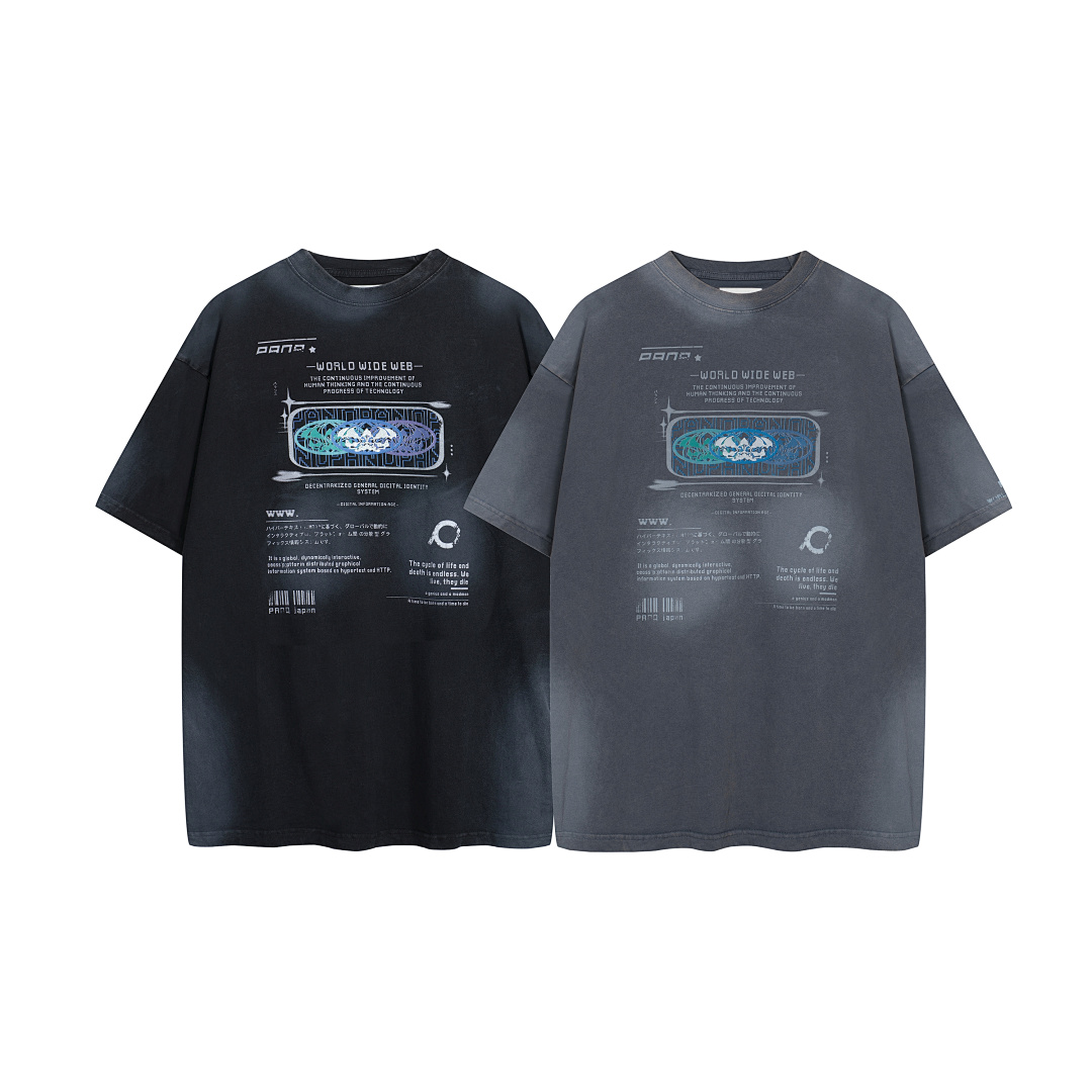 Unbranded 128 PANQ WORLD WIDE WEB Washed Print Short Sleeve T Grey Black S-L 8002#