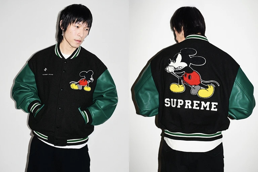 Supreme 568 NUMBER INE Cream Classic Collab MICKEY VARSITY JACKET / Red Black S (N) - Image 42