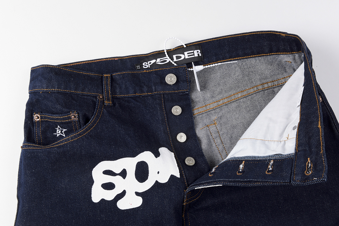 Sp5der 298 Sp5Der 555555 Denim Shorts Mens Womens Short White Blue S-XL - Image 8