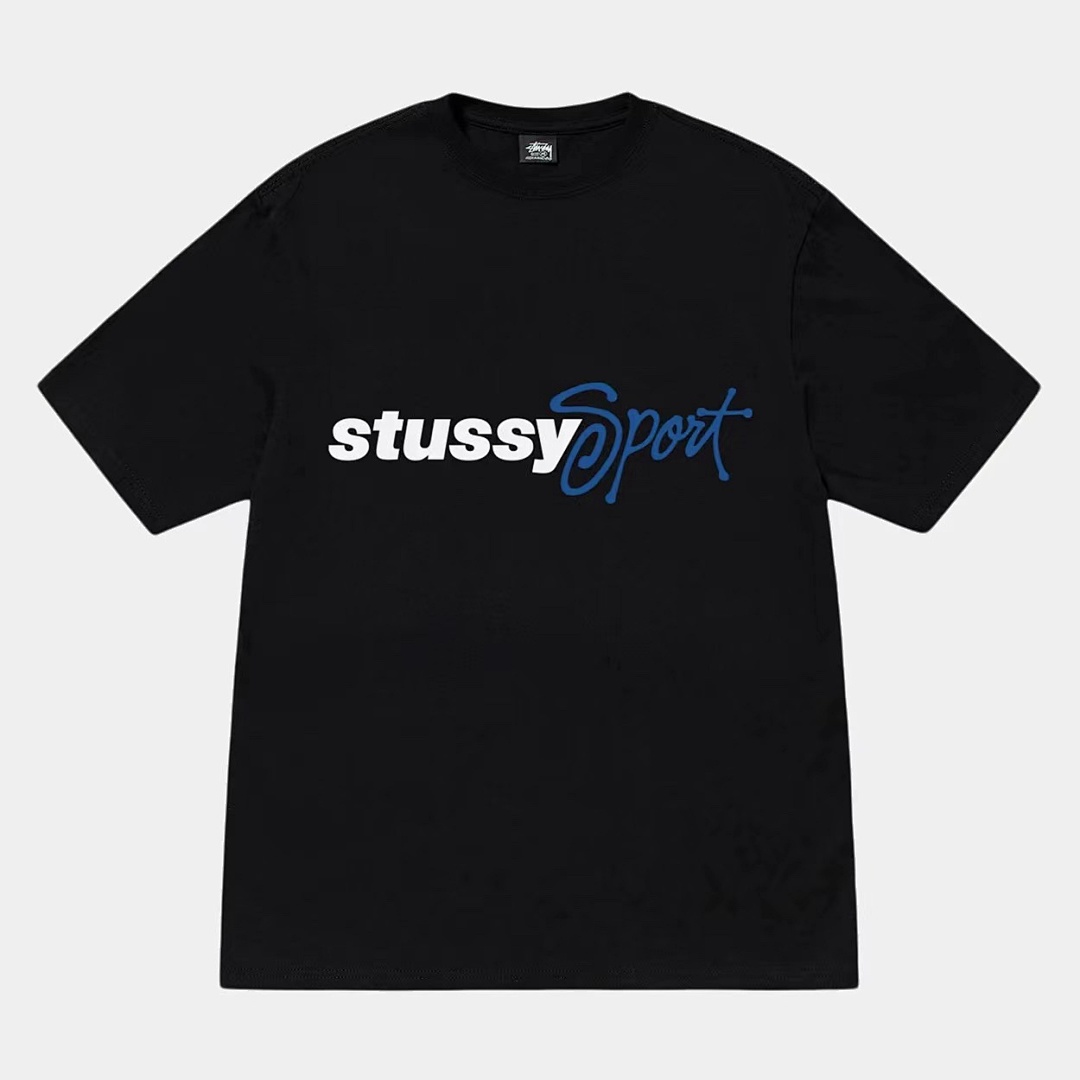 Stussy 108 Stu SS24 SPORT SCRIPT TEE Logo Print Wide Collar Short Sleeve T : Black White Blue S M L XL Y2426#