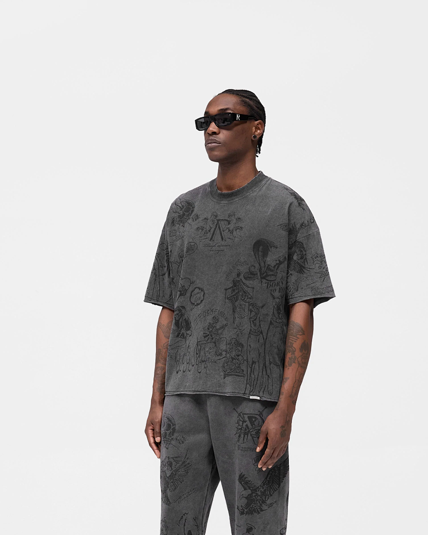 Represent 178 REPRESENT Legacy T-Shirt Sky Print Washed Short Sleeve T : Black White S M L - Image 28