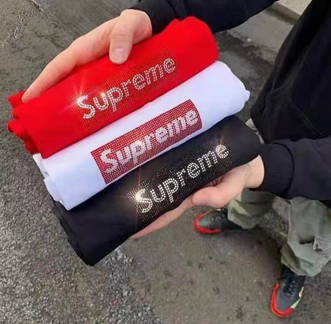 Supreme 128 BOX LOGO Rhinestone Diamond Short Sleeve T Black White Red S M L