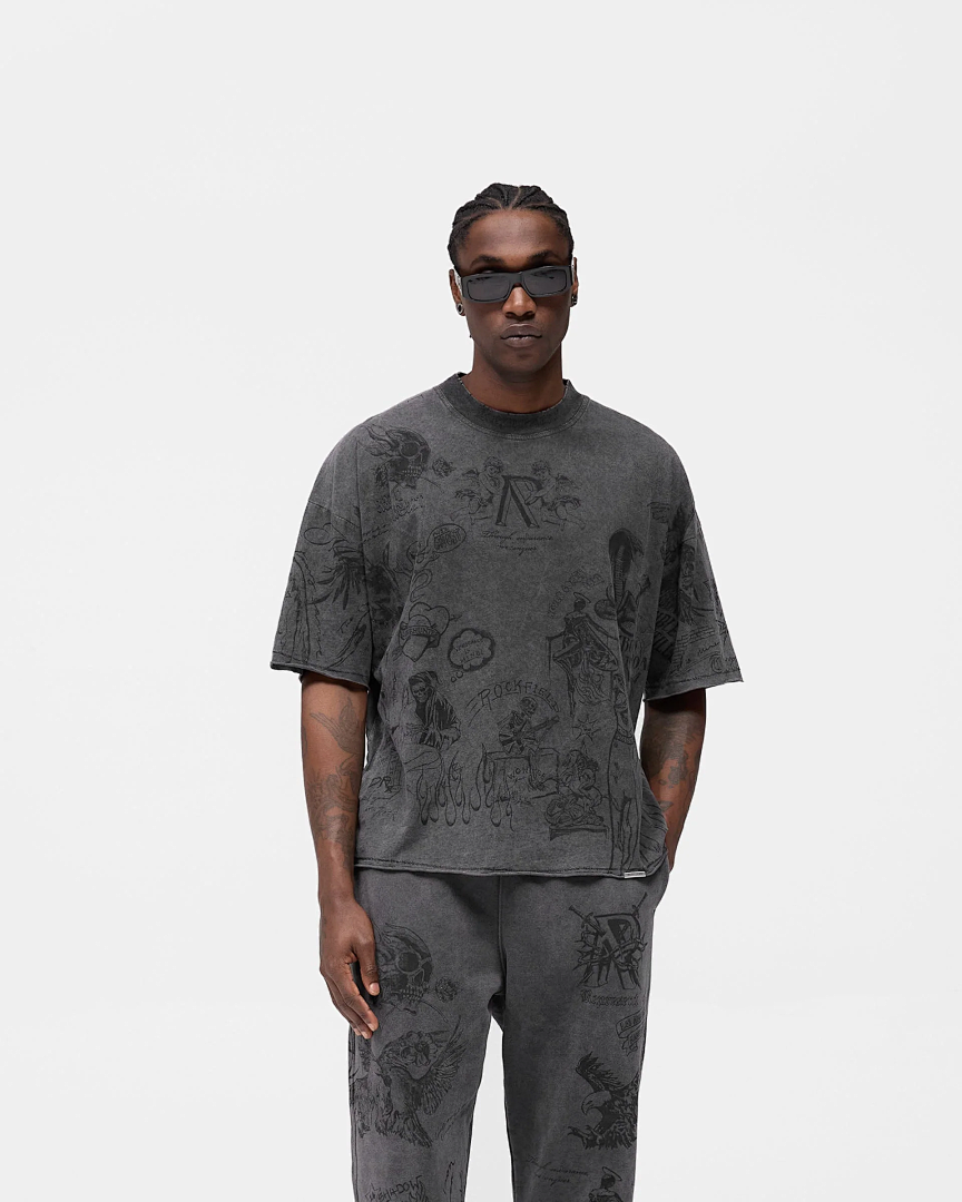Represent 178 REPRESENT Legacy T-Shirt Sky Print Washed Short Sleeve T : Black White S M L - Image 46