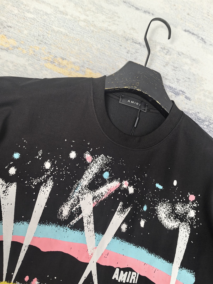 AMIRI 118 Wide Version Model Short Sleeve T Logo Print High Wind Black S M L XL 9902# - Image 16