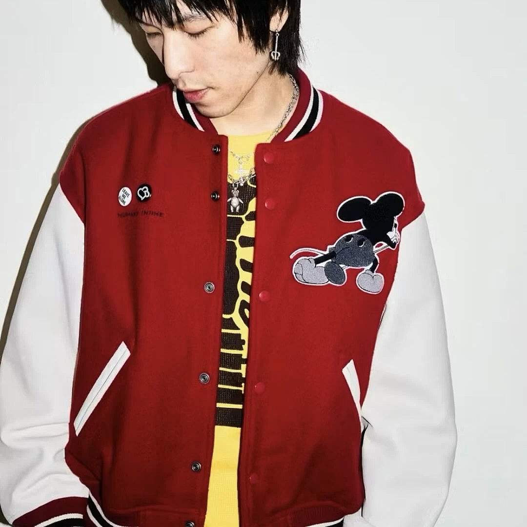 Supreme 568 NUMBER INE Cream Classic Collab MICKEY VARSITY JACKET / Red Black S (N) - Image 56