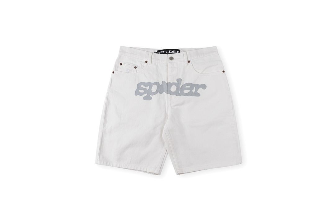Sp5der 298 Sp5Der 555555 Denim Shorts Mens Womens Short White Blue S-XL