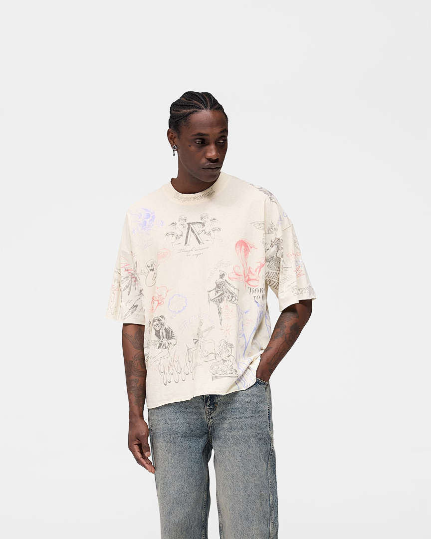 Represent 178 REPRESENT Legacy T-Shirt Sky Print Washed Short Sleeve T : Black White S M L - Image 25