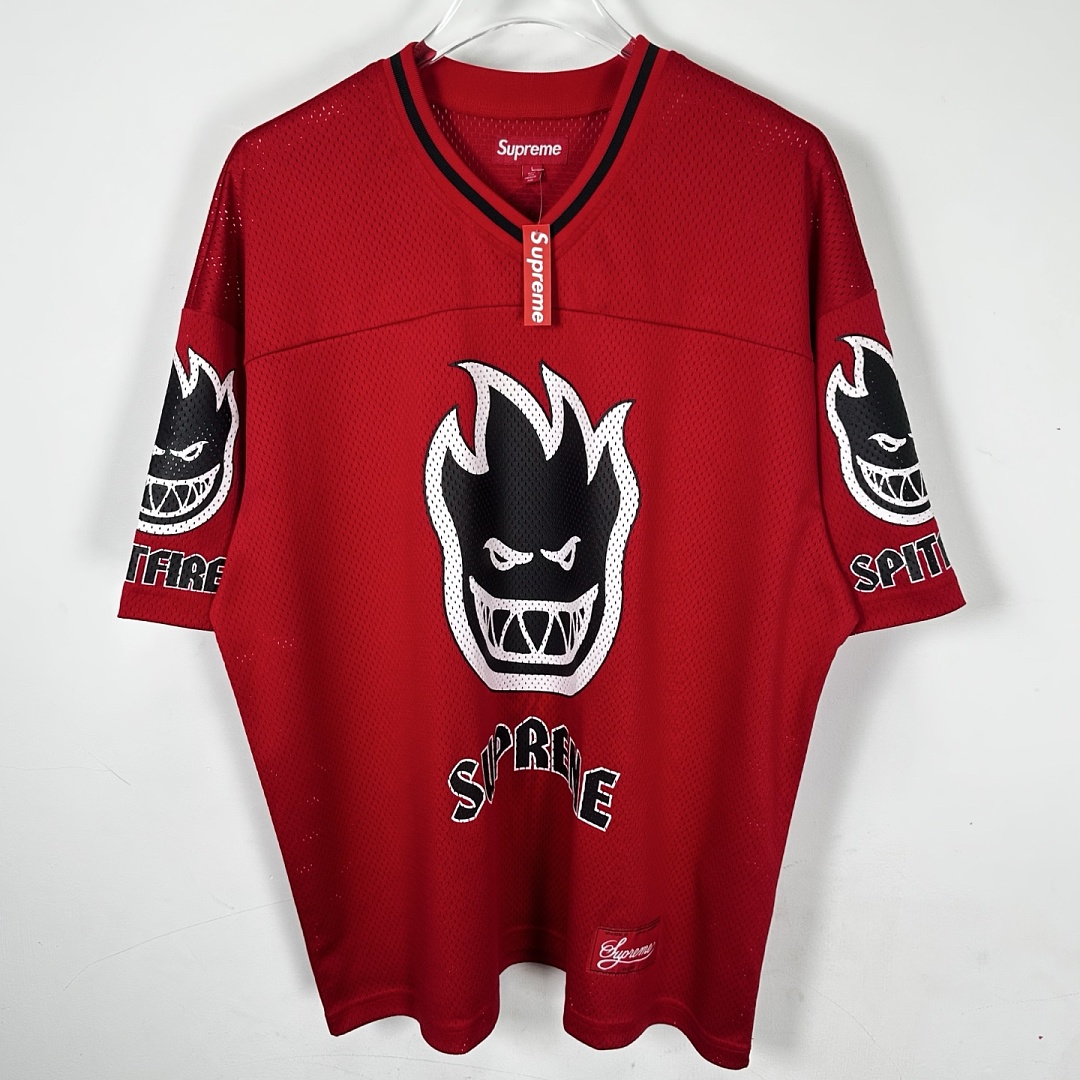 Supreme 218 SPITFIRE FOOTBALL JERSEY Fire Flame V Collar Short Sleeve Olive Black Red S - Image 13
