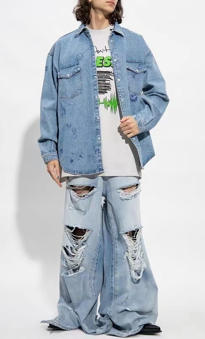 Unbranded 128 New VETEMENTS VTM Stress Print Collar Short Sleeve Water Grey XS-L Diamond 3813# - Image 13