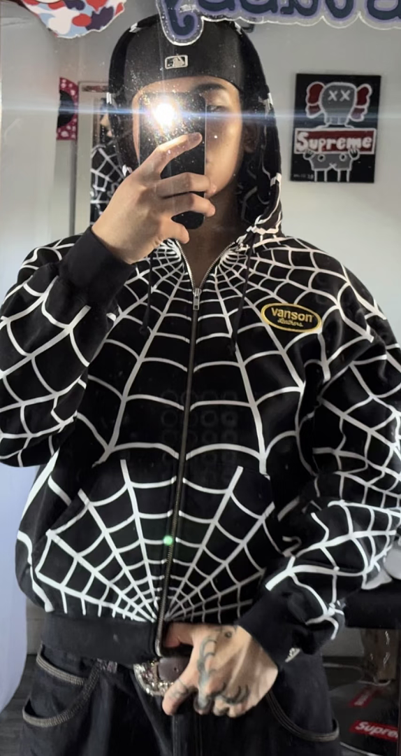 Sp5der 438 VANSON SPIDER-MAN Collab SS26 ZIP UP HOODED Thin Velvet Black Red S-XL - Image 54