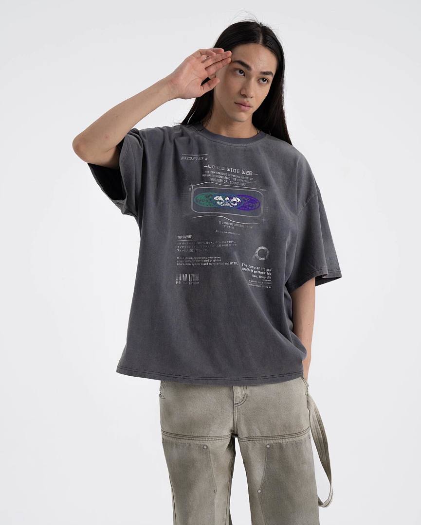 Unbranded 128 PANQ WORLD WIDE WEB Washed Print Short Sleeve T Grey Black S-L 8002# - Image 41