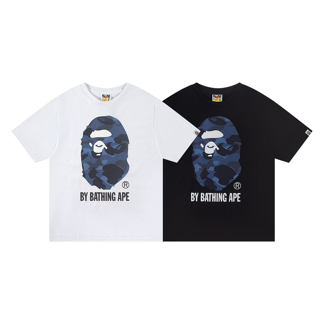 Bape 148 TOP Print Collar Short Sleeve T Black White S-XL