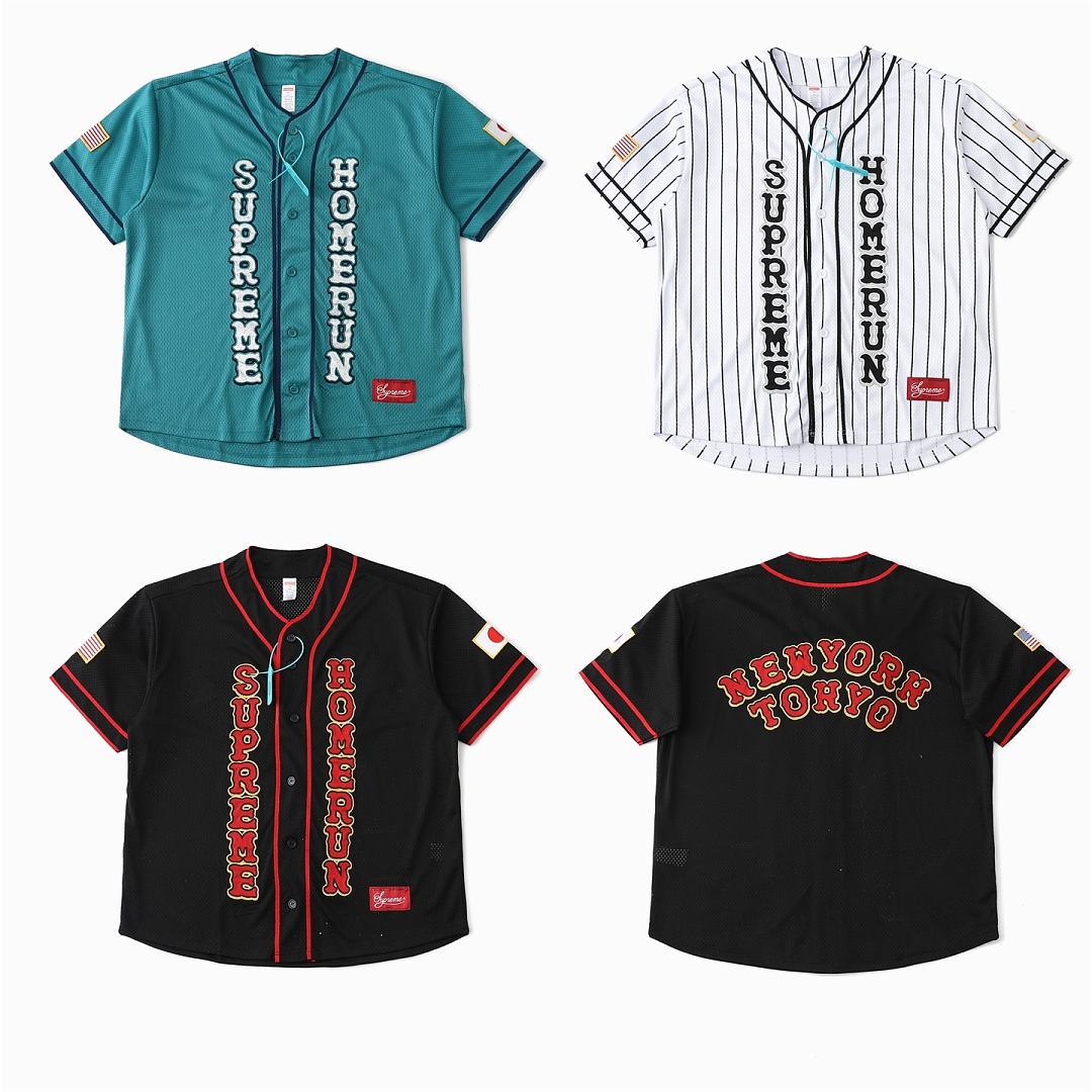 Supreme 298 SS25 Baseball Jersey Label Logo Short Sleeve : Black White Water Green S M L