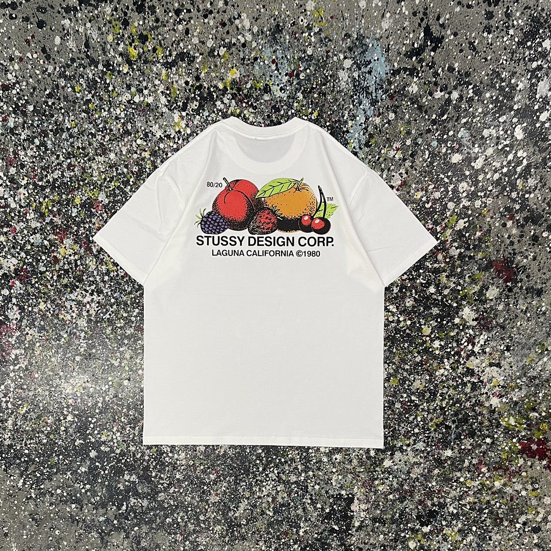 Stussy 108 STU Fresh Fruit Label New Water Print Short Sleeve T Mens Womens : Black White S -XL - Image 8