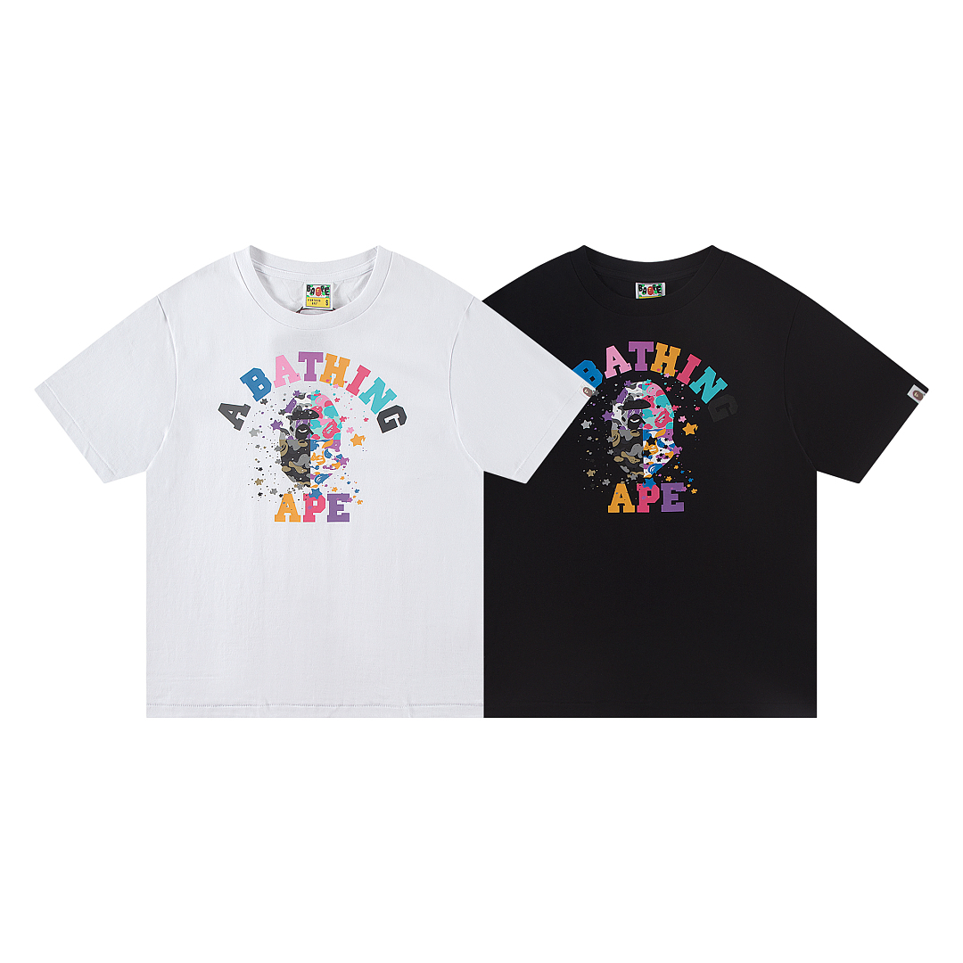 Bape 148 TOP Print Collar Short Sleeve T Black White S-XL