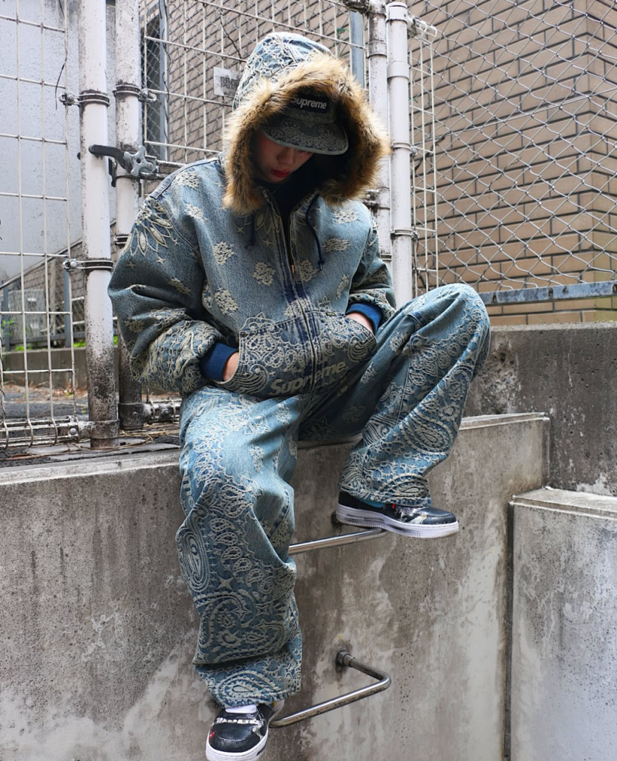 Supreme 658 SS25 BANDANA JACQUARD DENIM HOODED WORK JACKET Floral Fruit Cotton Water Blue S - Image 7