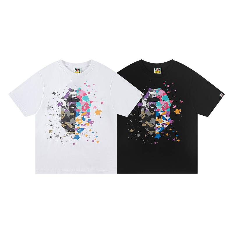 Bape 148 TOP Print Collar Short Sleeve T Black White S-XL