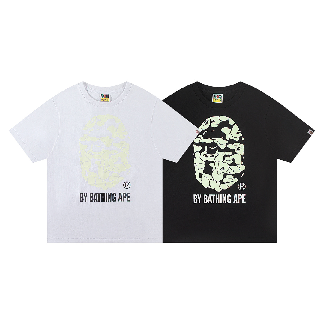 Bape 148 TOP Print Collar Short Sleeve Glow T Black White S-XL
