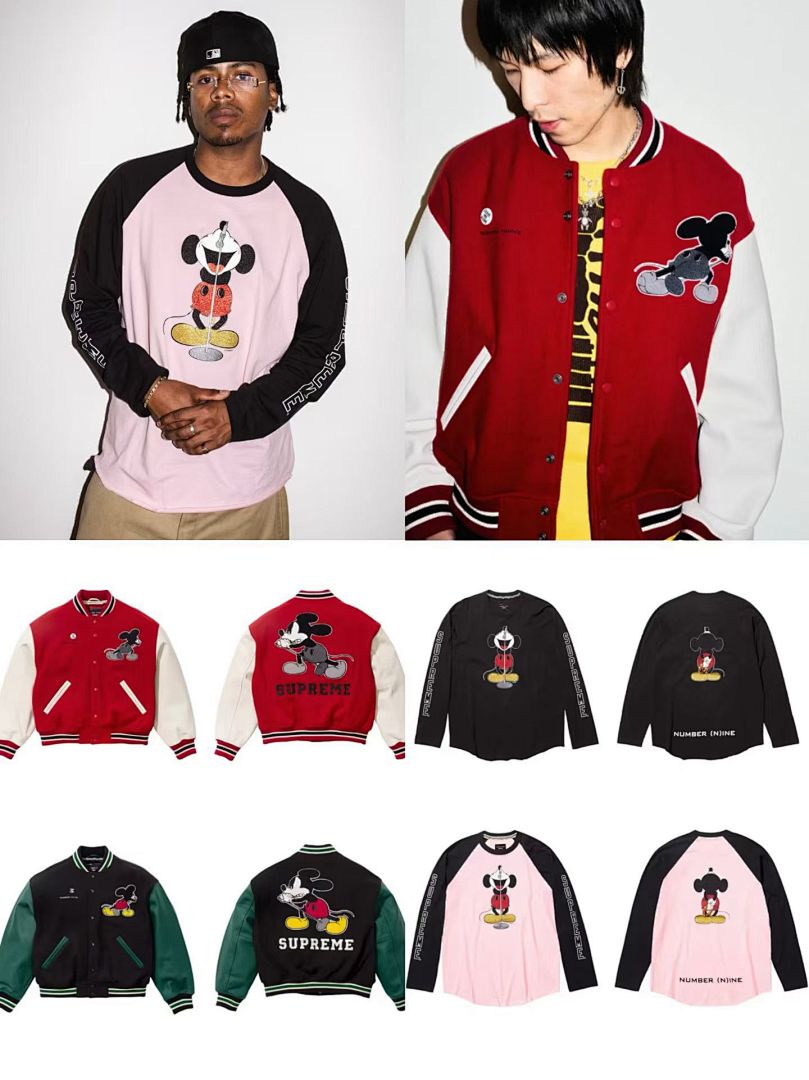 Supreme 568 NUMBER INE Cream Classic Collab MICKEY VARSITY JACKET / Red Black S (N) - Image 26