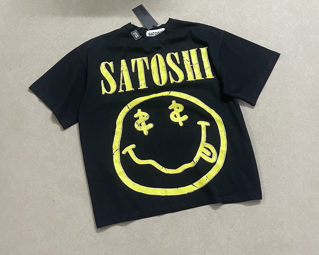 Unbranded 138 Satoshi Nakamoto Yellow Print T Washed Black S M L (Smiley Face) - Image 5