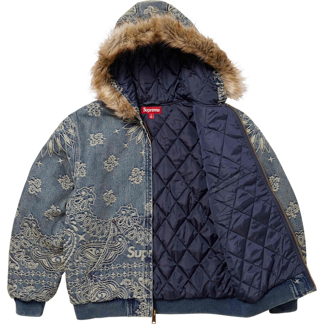 Supreme 658 SS25 BANDANA JACQUARD DENIM HOODED WORK JACKET Floral Fruit Cotton Water Blue S - Image 4