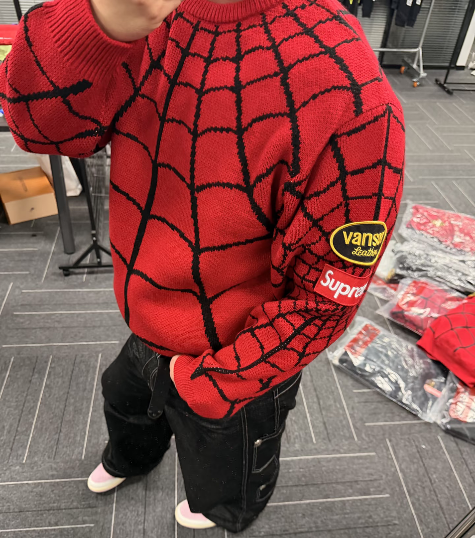 Sp5der 368 VANSON SPIDER-MAN SWEATER SS26 Embroidered Collar Fleece Black Red S - Image 30