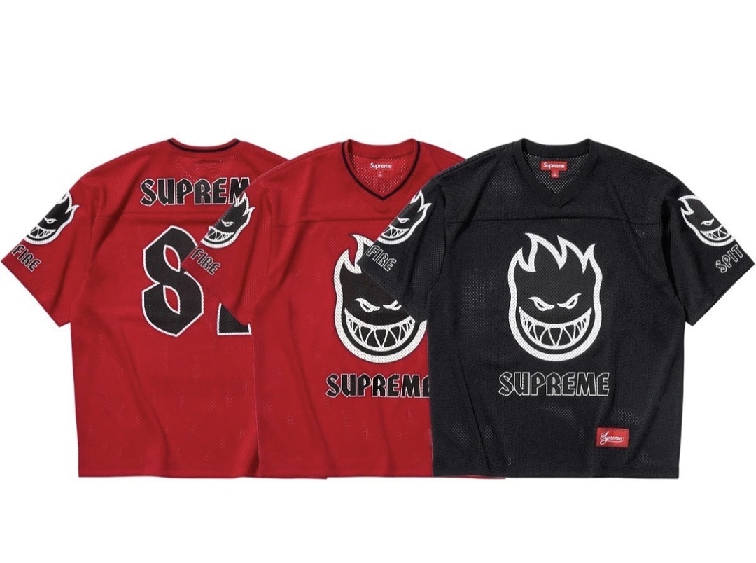Supreme 218 SPITFIRE FOOTBALL JERSEY Fire Flame V Collar Short Sleeve Olive Black Red S - Image 3