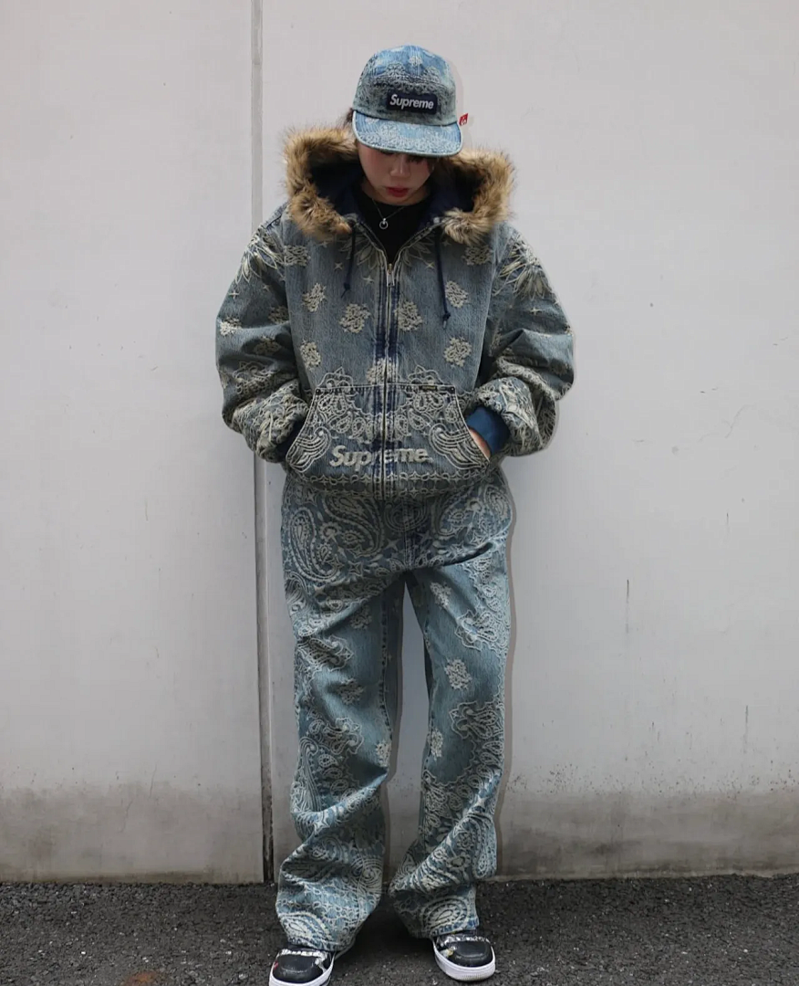 Supreme 658 SS25 BANDANA JACQUARD DENIM HOODED WORK JACKET Floral Fruit Cotton Water Blue S - Image 8
