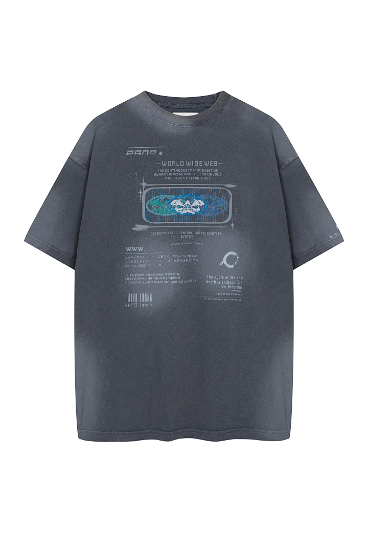 Unbranded 128 PANQ WORLD WIDE WEB Washed Print Short Sleeve T Grey Black S-L 8002# - Image 21