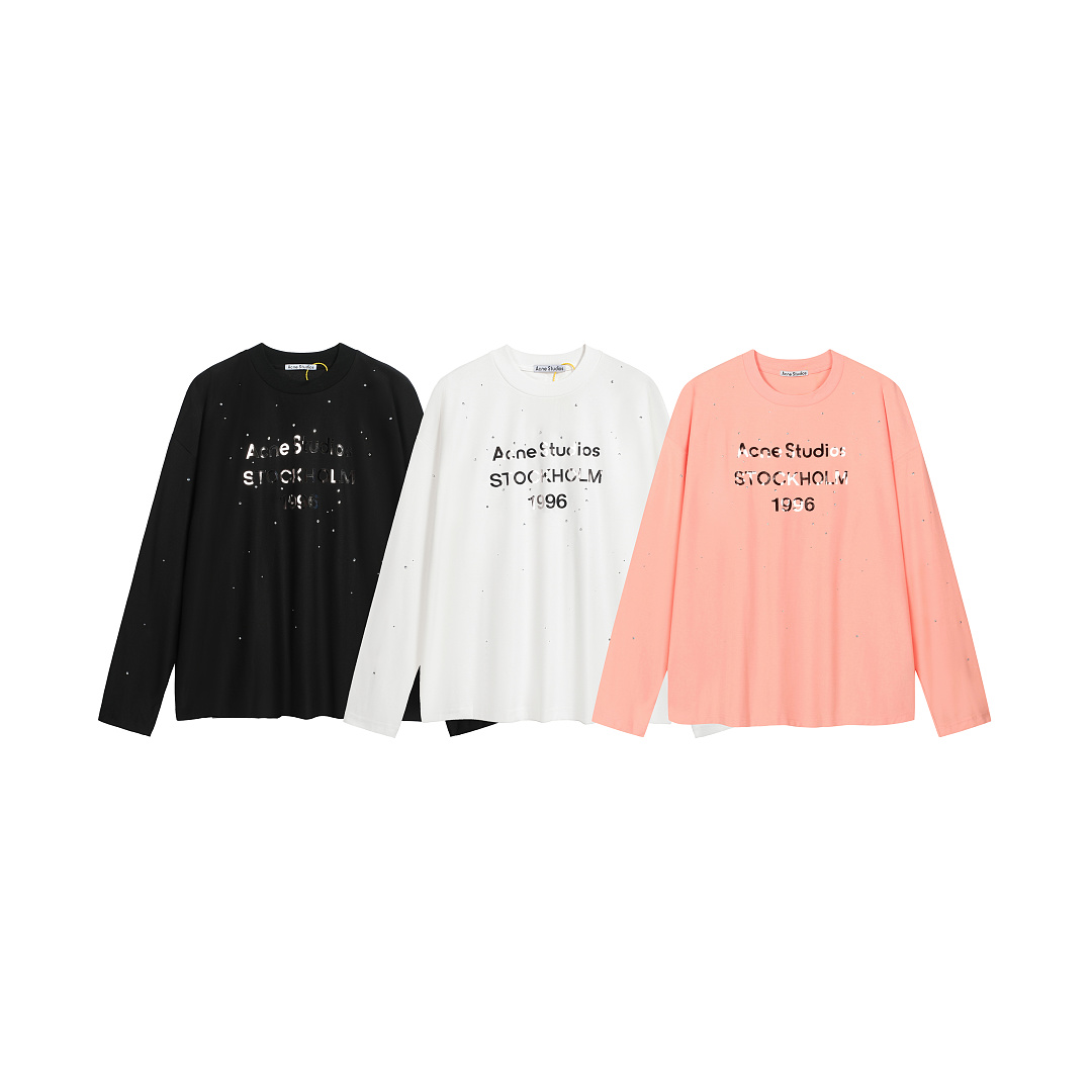 Acne Studios 158 AC Limited Exclusive Rhinestone LOGO Long Sleeve T Pink Black White Mountain Blue S-XL 8206#