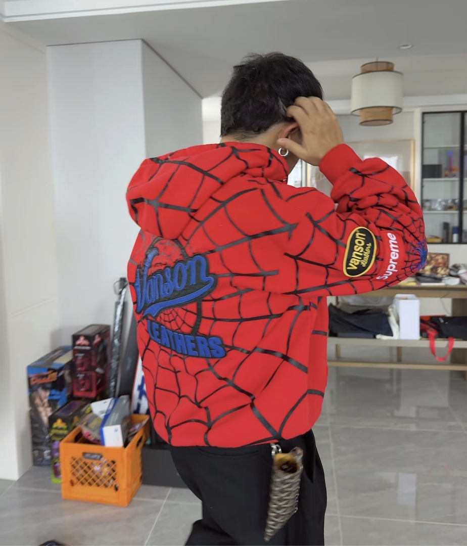 Sp5der 438 VANSON SPIDER-MAN Collab SS26 ZIP UP HOODED Thin Velvet Black Red S-XL - Image 37
