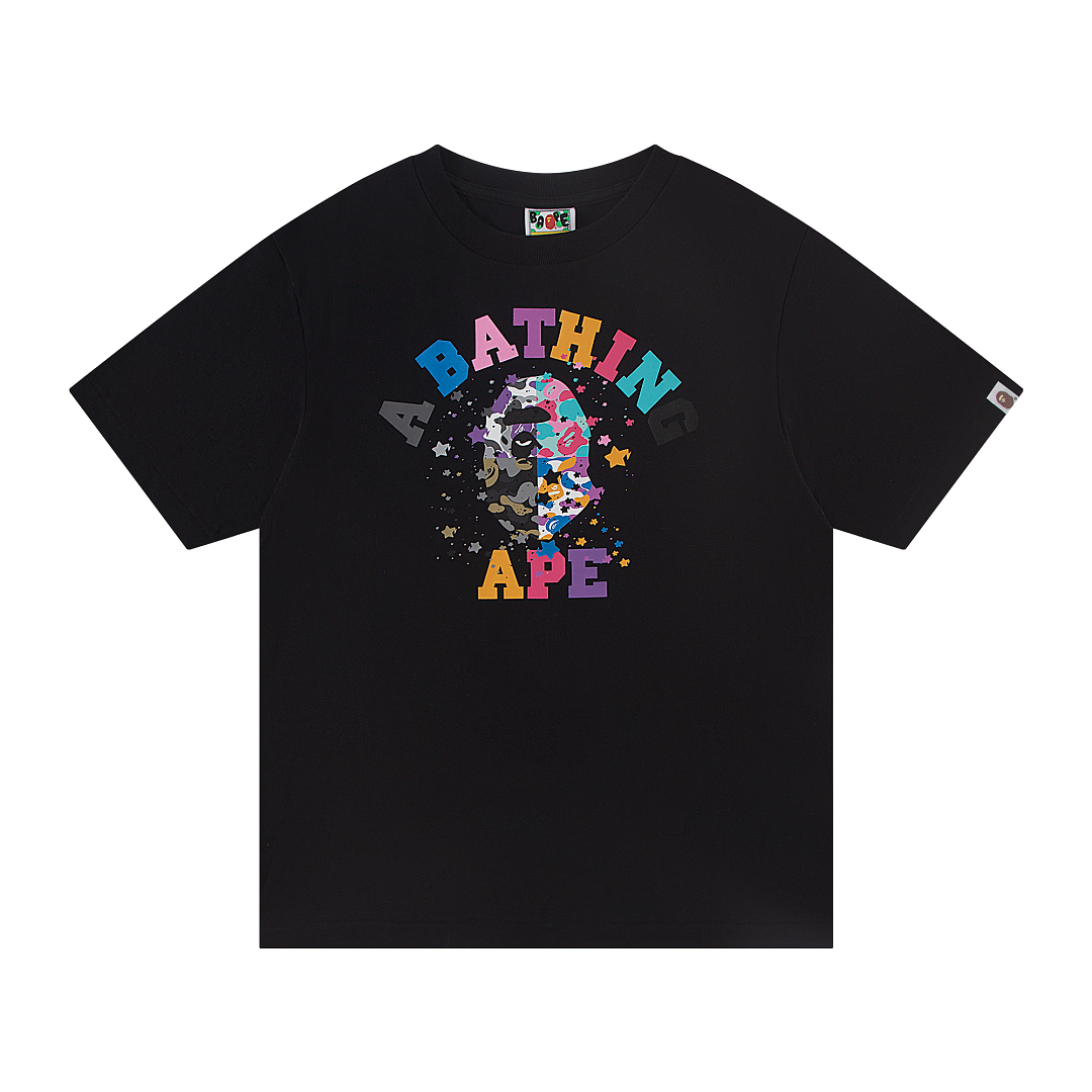 Bape 148 TOP Print Collar Short Sleeve T Black White S-XL - Image 3
