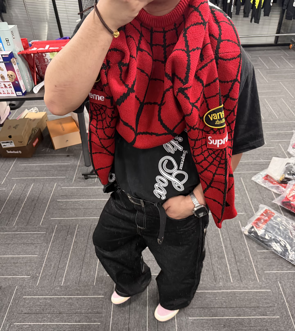 Sp5der 368 VANSON SPIDER-MAN SWEATER SS26 Embroidered Collar Fleece Black Red S - Image 29