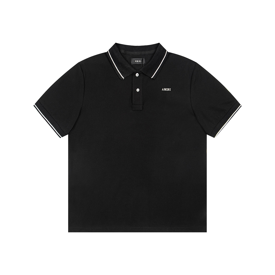 AMIRI 128 26Ss New Logo Embroidered Collar Buckle Polo Short Sleeve T Black White Grey S M L XL 9937# - Image 3
