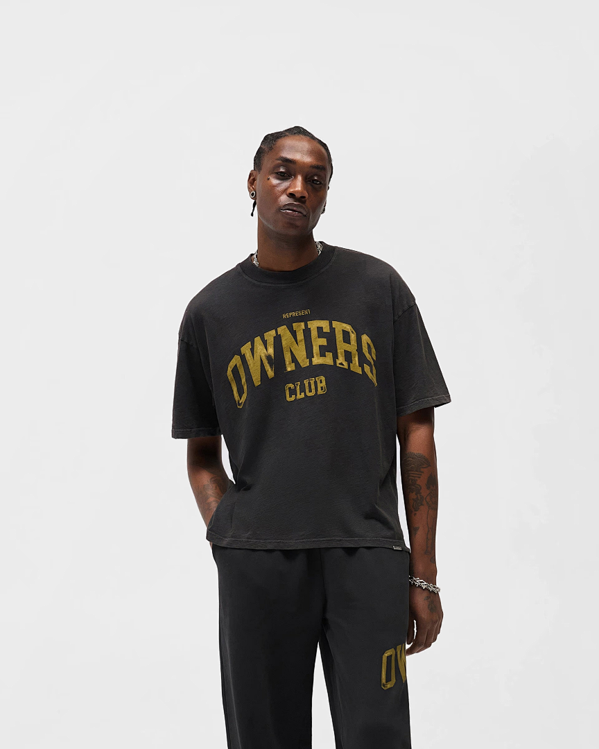 Represent 118 REPRESENT Owners Club T-Shirt Print Short Wide Boxy Version Model Sleeve T : Washed Black Cream Yellow White S M L - Image 6