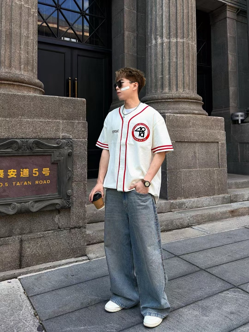 Off-White 268 SS25 40 Acres Twill Baseball Jersey LOGO Short Sleeve Black Off White S-XL - Image 48