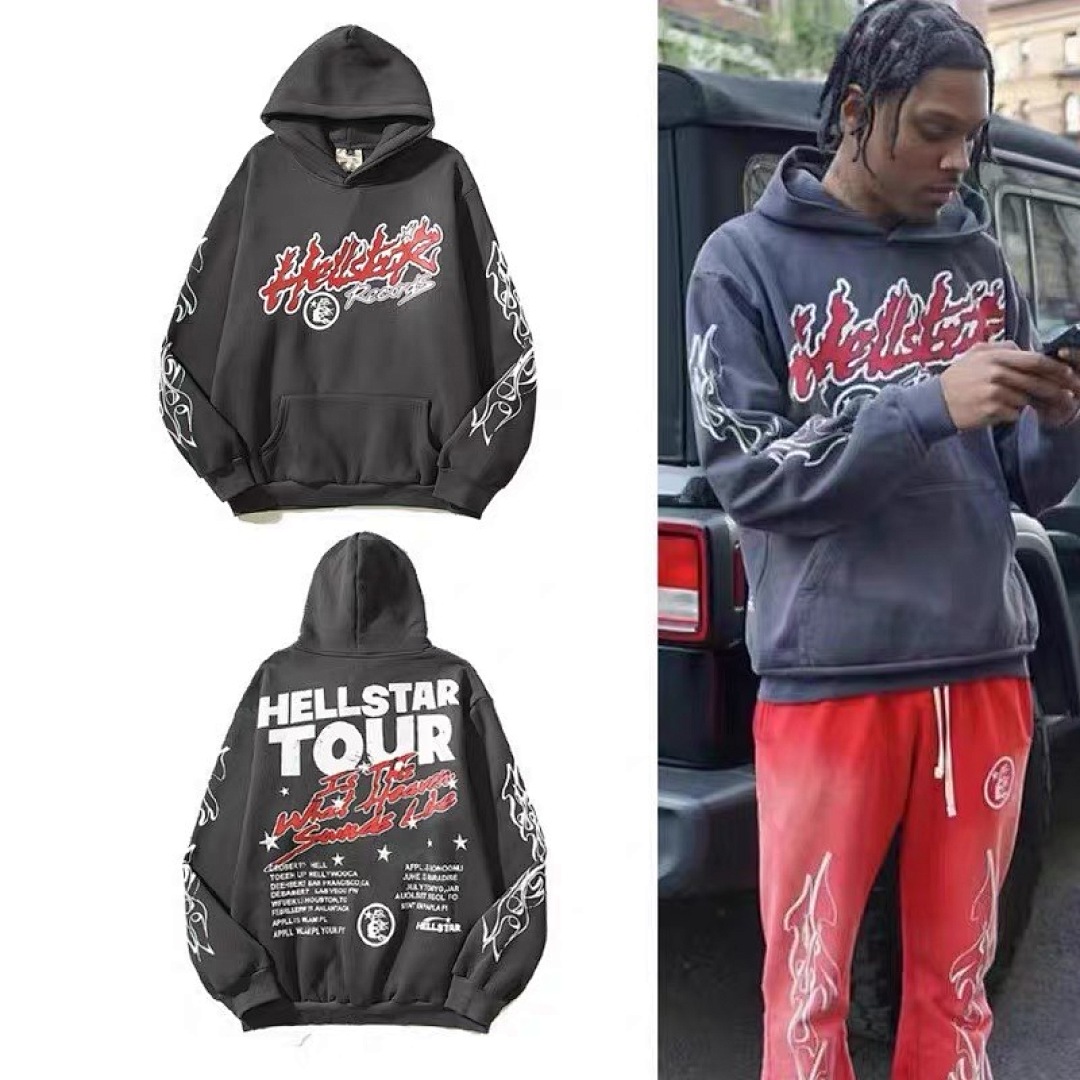 Hellstar 258 Hellstar Studios Tour Hoodie Fire Flame Mens Womens Wide Water Grey S-M-L-XL - Image 21
