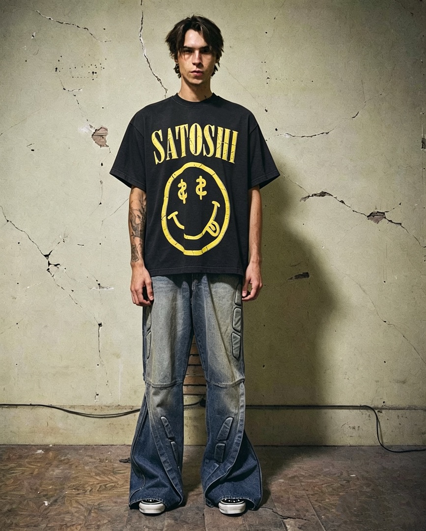 Unbranded 138 Satoshi Nakamoto Yellow Print T Washed Black S M L (Smiley Face) - Image 11