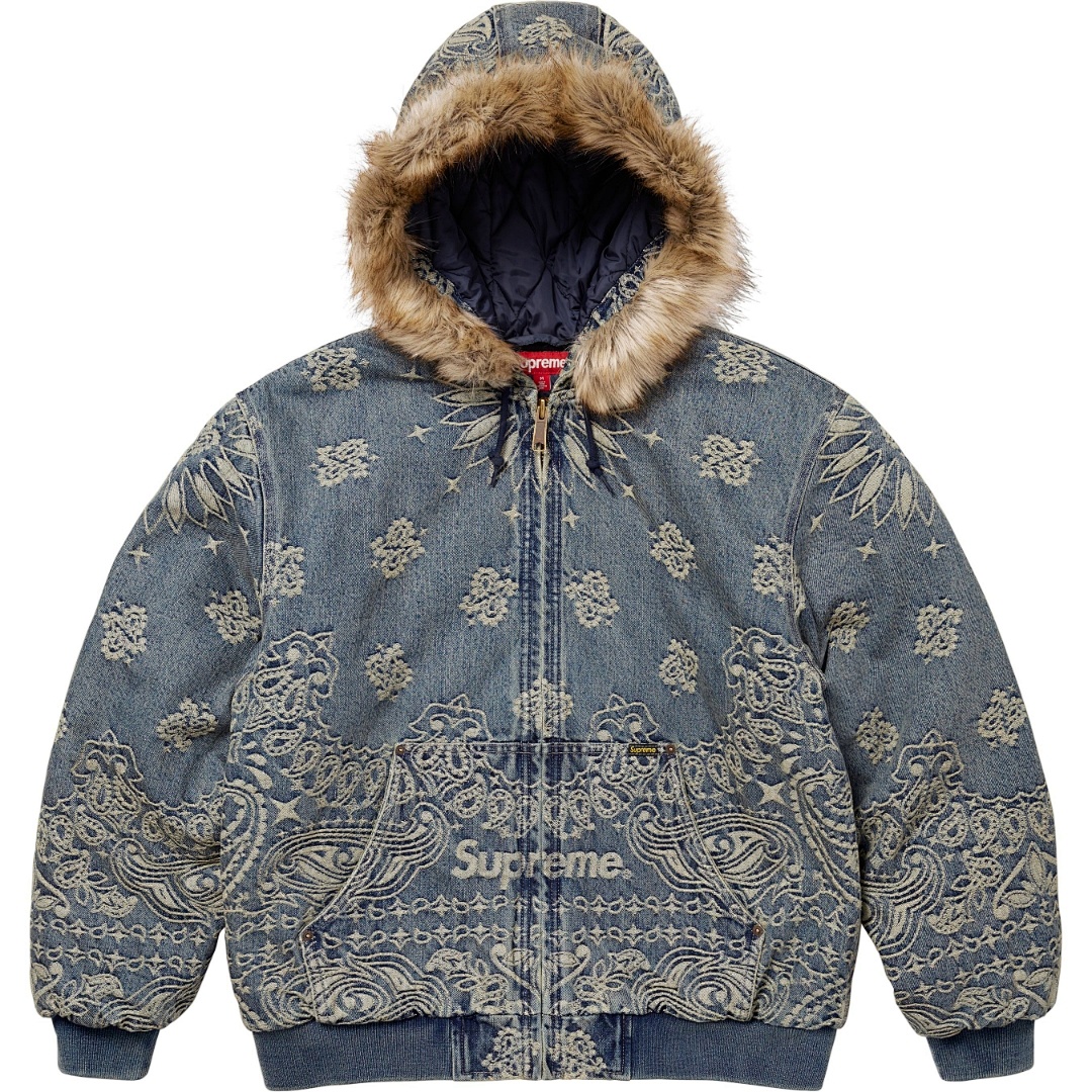 Supreme 658 SS25 BANDANA JACQUARD DENIM HOODED WORK JACKET Floral Fruit Cotton Water Blue S